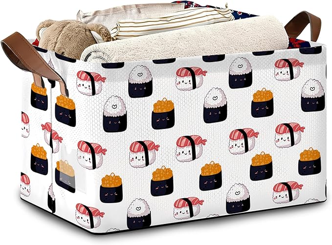 Cute Sushi Storage Basket,Japanese Collapsible Storage Bin Cubes for Living Room Bedroom Blankets Home Storage 17x11.5x10Inch