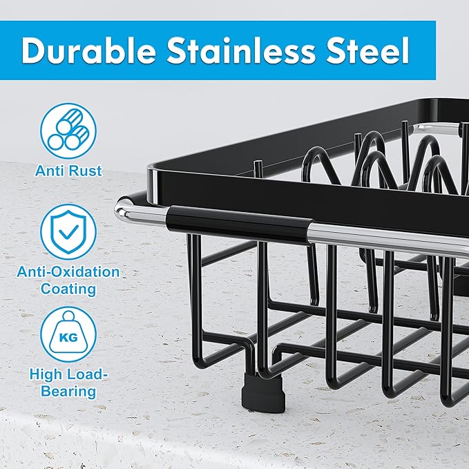 Expandable Stainless Steel Dish Drying Rack Over The Sink For Small Kitchen, Counter Space Saving Compact Black Metal Plate Drain Strainer, Adjustable Hanging In Sink Rust Proof Wire Dryer Holder