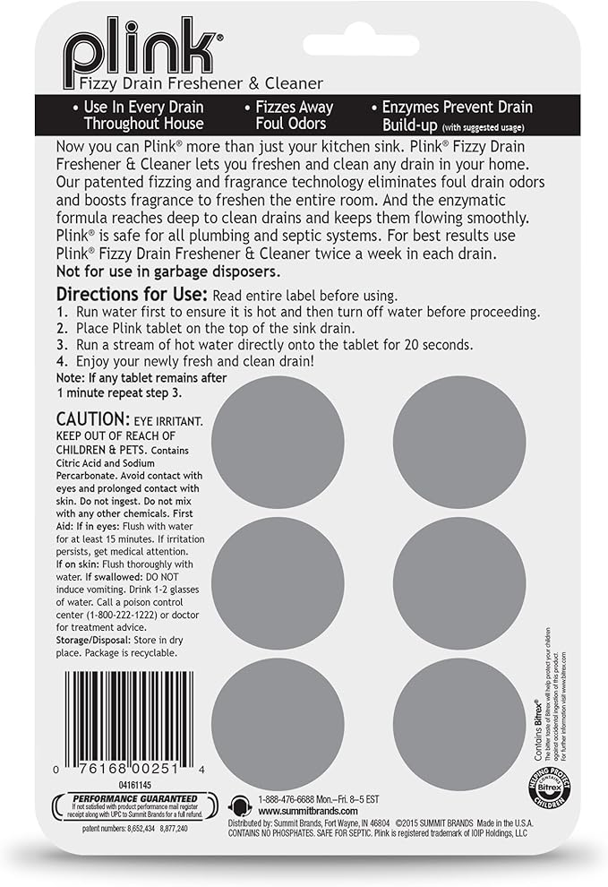 Plink Fizzy Drain Freshner, Prevents Buildup and Maintains a Clear Drain, Removes Drain Odor, Lemon Scent, Pack of 3, 18 Count, Fresh Lemon