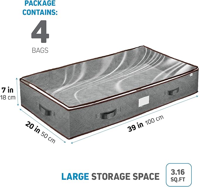 Under Bed Storage Bins - Pack Of 8 Under The Bed Storage Containers For Clothes, Blankets, Winter Clothing, & Shoes - Underbed Storage Containers With Handles, Dual Zippers, & Clear Top