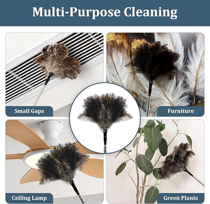 Extendable Feather Duster - 47 inches Fluffy Long Handle Reusable Feather Duster for Cleaning Ceiling Fan,Pendant lamp, High Ceiling, Blinds, Furniture，Ostrich Feather Duster