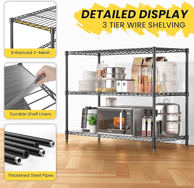 795LBS 3-Shelf Adjustable Storage Shelves 35.1" W x 14" D x 36" H Metal Shelving Unit Heavy Duty Wire Rack Small Organizer with Shelf Liners for Kitchen Pantry Bathroom Closet Garage Black