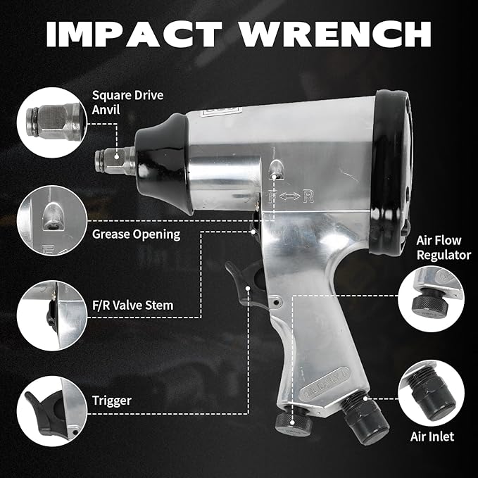 71-Piece Air Tool Kit, 1/2" Impact Wrench, 150mm Hammer, 1/4" Die Grinder, Ratchet Wrench, Air Compressor Tools with Full Accessories for Mechanics