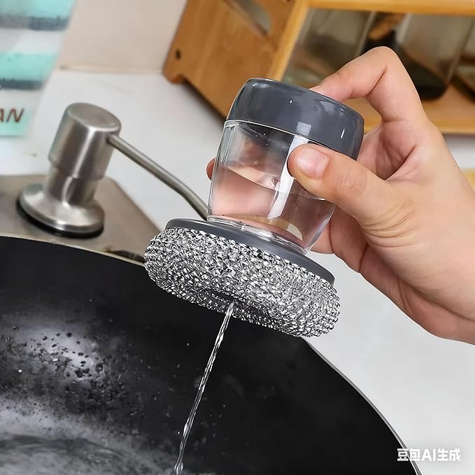 Dispensing Steel Wool Scrubber, Heavy Duty Stainless Scouring Pad with Dispenser, Brush with Soap Dispenser, Steel Sponge Scourer for Kitchen, Dishes, Pan, Stove, Grill, Cast Iron 1+4