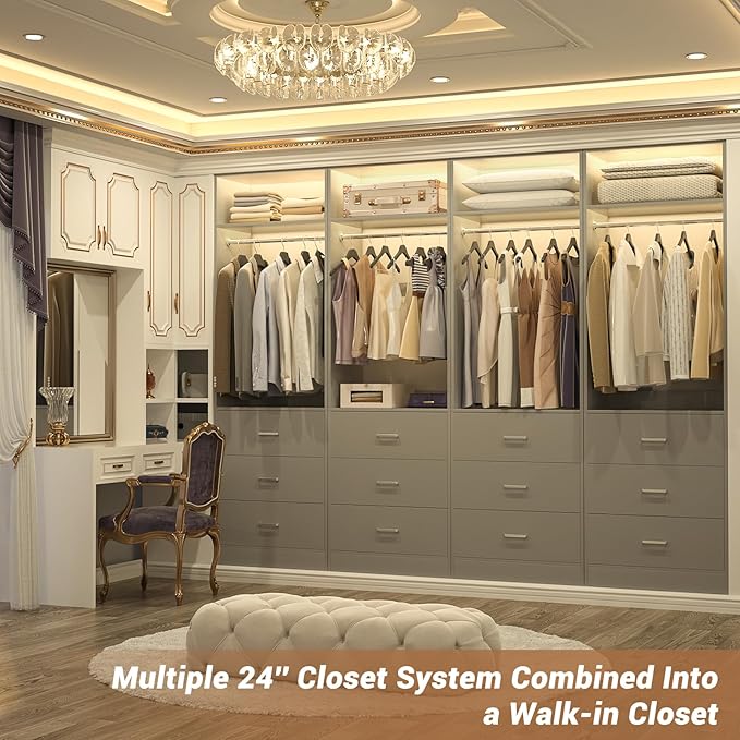Besiost Closet System Set of 2, 4FT Closet Systems with 6 Wood Drawers, 48" Closet Organizer System with 2 Hanging Rods & 2 Shelves, Heavy Duty 48 Inch Walk-in Closet, Grey (48"L x 15" W x 80" H)