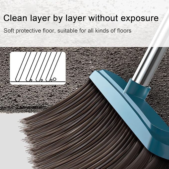 Broom and Dustpan Set, Plastic Silicone Hand Broom for Home & Kitchen, Long Handle Upright Stand Up Small Outdoor Brooms Household Cleaning Supplies Apartment Home Dorm Essentials (Green)