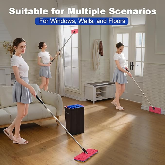 JOYMOOP Mop and Bucket with Wringer Set, Hands Free Flat Floor Mop and Bucket, with 6 Washable Microfiber Pads, Wet and Dry Use, Floor Cleaning System - Black+Red+Slate Blue