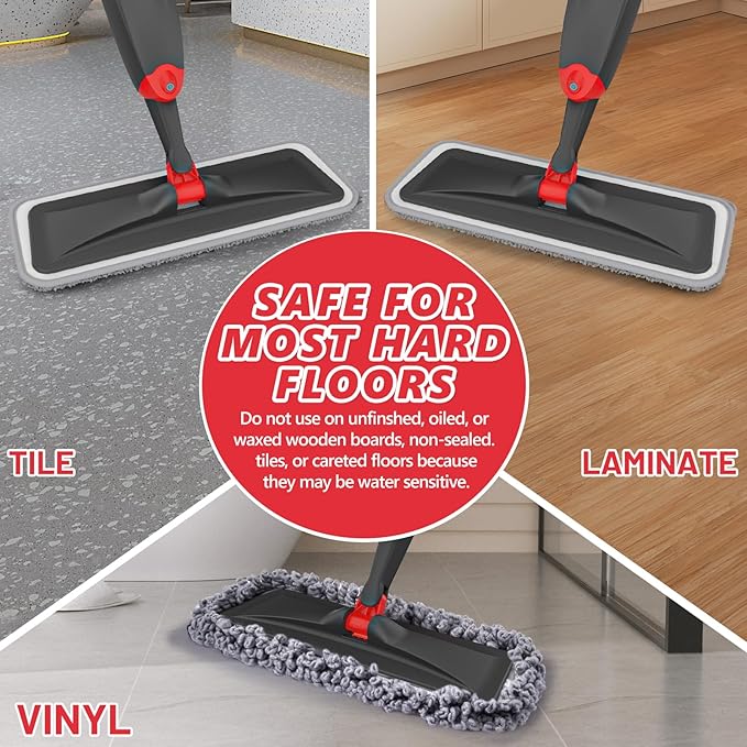 HOMTOYOU Microfiber Hardwood Floor Mop: Dust Spray Mops for Cleaning Wood Home Kitchen Floors - Wet Mopping & Dry Sweeping - 3 Reusable Refills & 1Pcs 400+ML Refillable Bottle