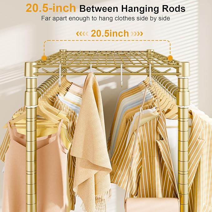 ULIFHOME P4 Plus Rolling Clothes Rack Heavy Duty, Clothing Racks for Hanging Clothes, Free Standing Garment Racks with Wheels, Portable Closet Rack 45'' W × 20.5'' D × 80.5'' H, Max Load 570 Lbs, Gold