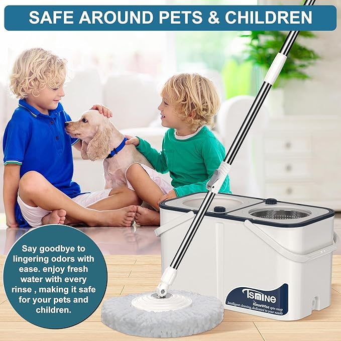 Gen 1 Large-Capacity Spin Mop and Bucket – for Big Homes & Deep Cleaning Days,4-Chamber System Separates Dirty & Clean Water, 2-GAL Heavy-Duty Design with Wheels & 6 Refill Mop Heads - White/Grey