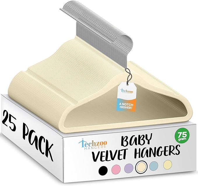 TechZoo 25 Premium Baby Velvet Hangers - 11.8 Inches Non-Slip & Ultra-Slim Baby Hangers for Space-Saving & Children Clothes - 360 Swivel Hook, Strong & Durable Infant & Toddler Clothes Hanger - Beige