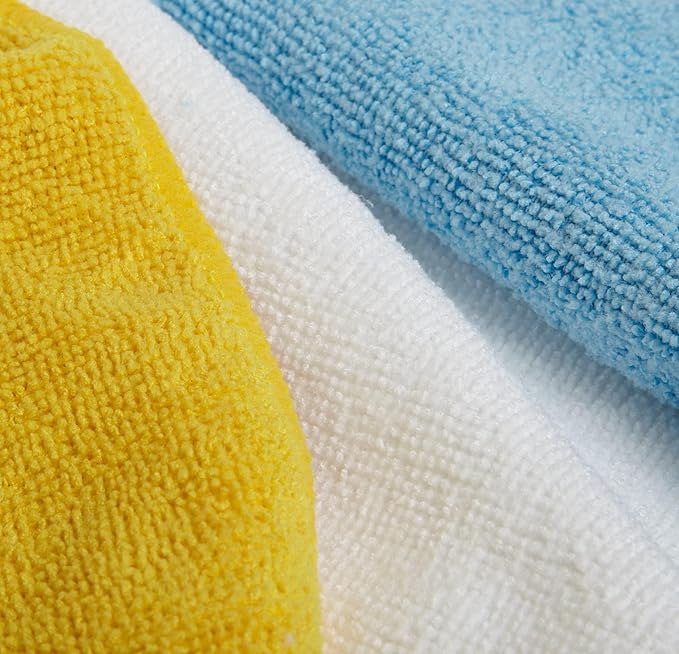 Amazon Basics Microfiber Cleaning Cloths, Ultra Absorbent, Lint Free, Streak Free, Non-Abrasive, Reusable and Washable, 16" x 12", Blue/White/Yellow, Pack of 24