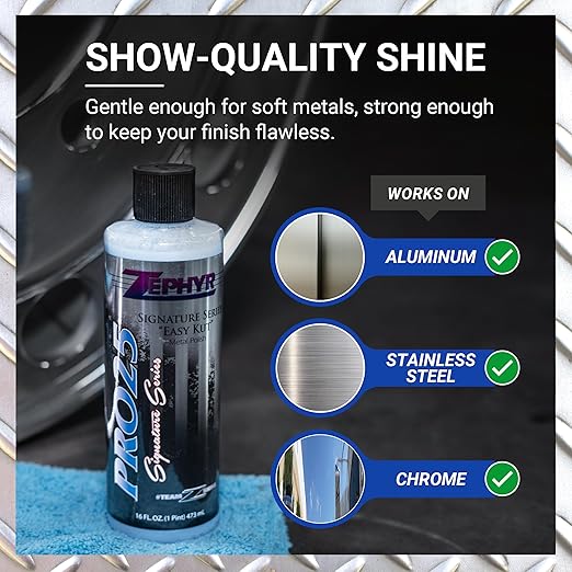 Zephyr - Pro 25 Easy Kut Liquid Metal Polish - Stainless Steel, Chrome, & Aluminum Polish - Metal Polishing for Lifted Trucks, Show Vehicles, Motorcycles, & More - 16 oz.