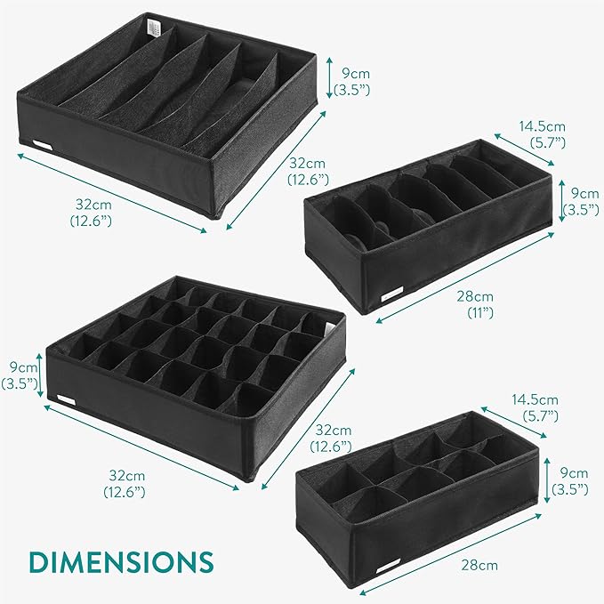Navaris Storage Boxes - Efficient Small Dresser Drawer Insert Organizer for Clothes - Dividers for Underwear Socks Ties Scarves - Foldable Space-Saving Organizers - Set of 4 Black