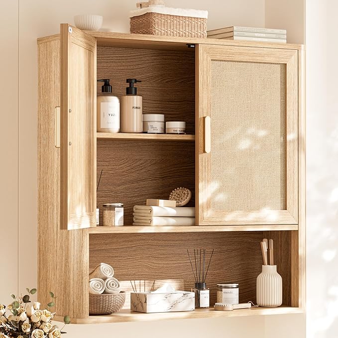 INNOD Rattan Bathroom Wall Cabinet with Open Compartments, Wall-Mounted Medicine Cabinet with Adjustable Wood Shelf & Doors, Over The Toilet Storage Cabinet for Laundry Room & Kitchen & Living Room