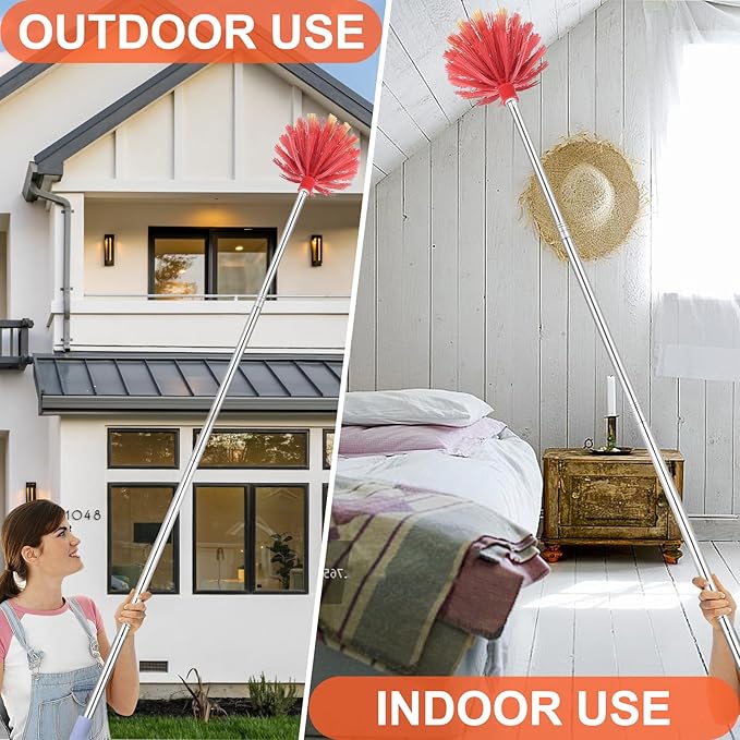 Cobweb Duster with Extension Pole, 59" Adjustable Stainless Steel Pole, Washable Duster with Medium-Stiff Bristles for Ceiling Fan, High Ceilings, Blinds, Furniture, Kitchen, and Home Cleaning