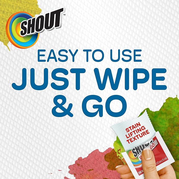 Shout Wipe & Go Instant Stain Remover Wipes, No Wash Required, Safe on Colorfast Washables, Travel & Baby Diaper Bag Essentials, Removes Grass, Coffee, Makeup & More, 12 Wipes (Pack of 6)