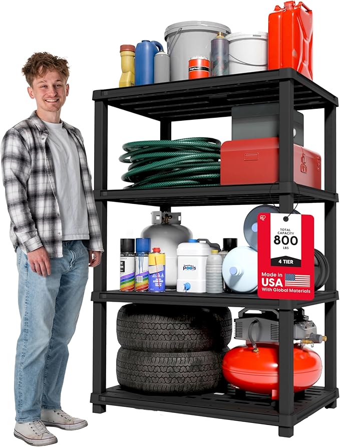 IRIS USA 4-Shelf Extra Heavy Duty Deep Plastic Storage Shelves, 800lb Capacity, 57" H x 36" W x 24" D, Large Modular Shelving Unit Storage Organizer for Garage, Home, Warehouse & Gym, Rack - Black