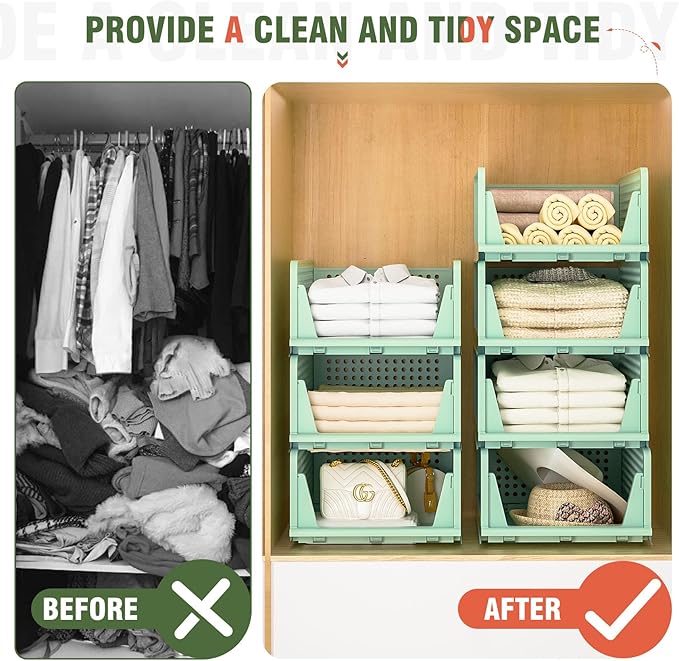 Closet Organizer, 4 Pack Stackable Storage Bins for Closet Shelves, Plastic Storage Drawers Basket Weekly Clothes Organizer for Kids(4L)（Green）