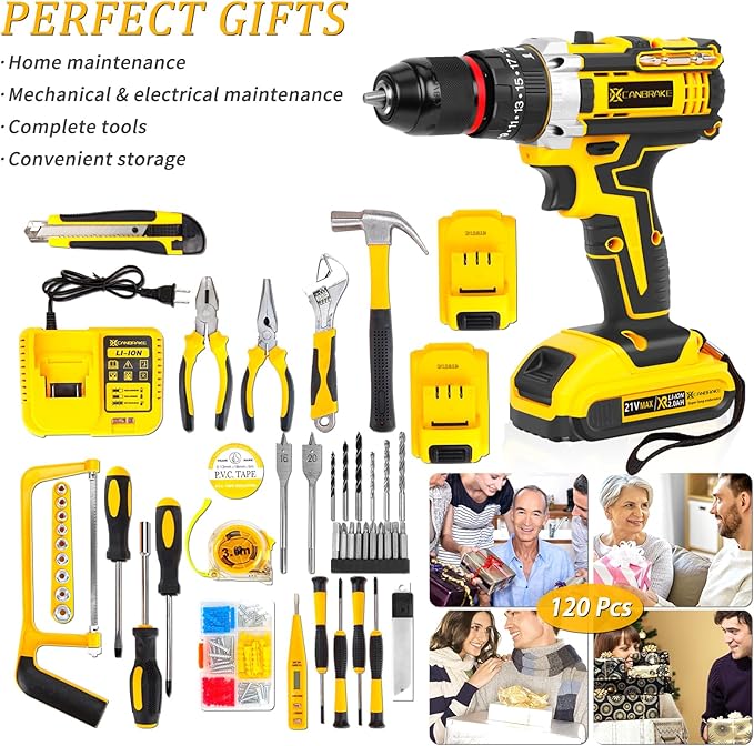 21V Tool Kit with Drill, 120PCS 21V Cordless Drill Set with 3/8" Keyless Chuck of Metal & 25+3 Clutch with Impact, 2 x 2.0Ah Battery & Fast Charger, Max Torque 45Nm, 2-Variable Speed