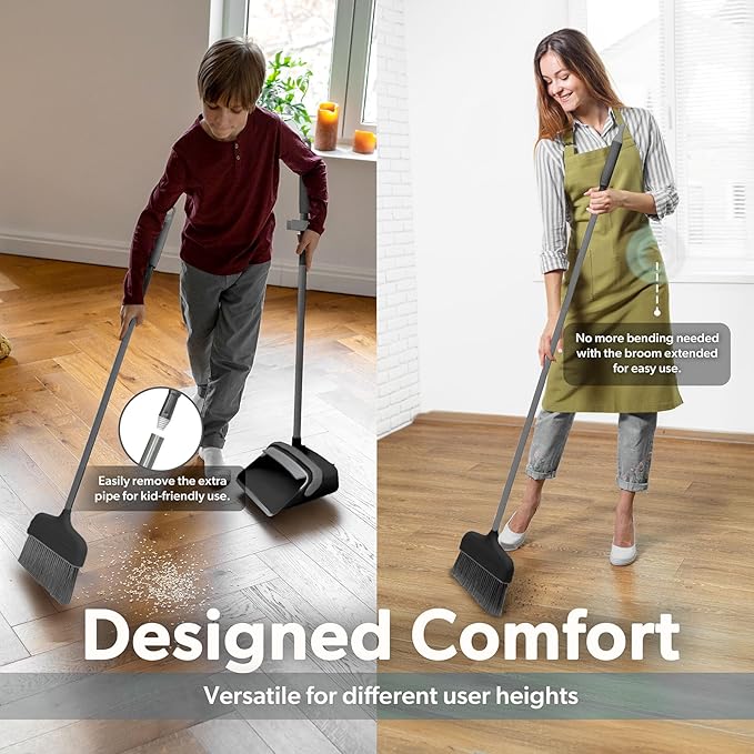 BLACK+DECKER Butler Broom & Dustpan Set - Stand-Up Design - Lightweight, Space-Saving Combo for Kitchen, Living Room, Bathroom, Lobby Floors - Home Cleaning Essential, Black/Grey