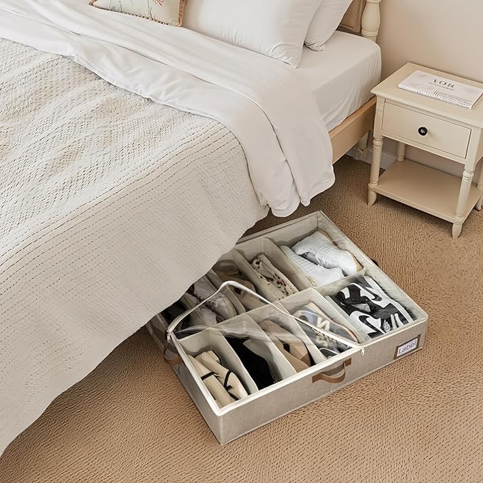 StorageWorks Under Bed Shoe Storage for Closet, 2-Pack Ultra-thick Fabric Shoe Organizer, Collapsible Shoes Containers with Bottom Support, Fits up to 24 Pairs, Taupe