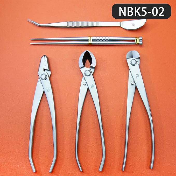 TianBonsai Bonsai Tools 5-Piece Alloy Steel Bonsai tool Kit In Cluding 205mm Wire Cutter / 205mm Round Edge Cutter / 205mm Jin Plier / 200mm Straight Root Hook/Tweezers( NBK5-02)