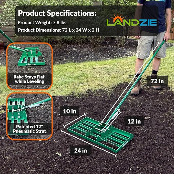 Landzie AeroLeveler - The Lawn Leveling Rake That Never Flips - Patented 24" inch Wide Pneumatic Lawn Level for Yard, Dirt, Soil, Sand, Provides Stability and Control (Pneumatic 24" Leveling rake)