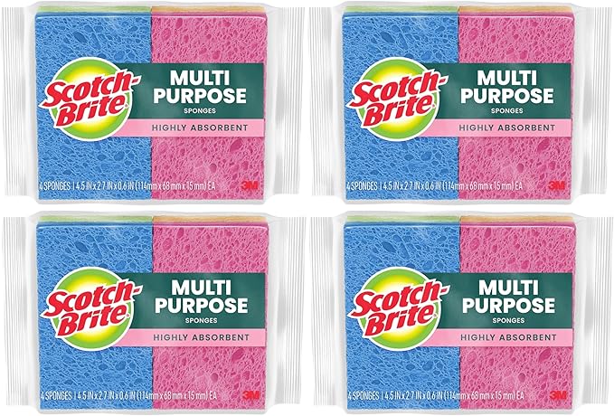 Scotch-Brite Multi-Purpose Kitchen Sponges, 16 Total (4 Packs of 4), Highly Absorbent Non-Scratch Dish Sponges, Plant-Based Fibers, Dishwasher-Safe, America’s #1 Sponge Brand