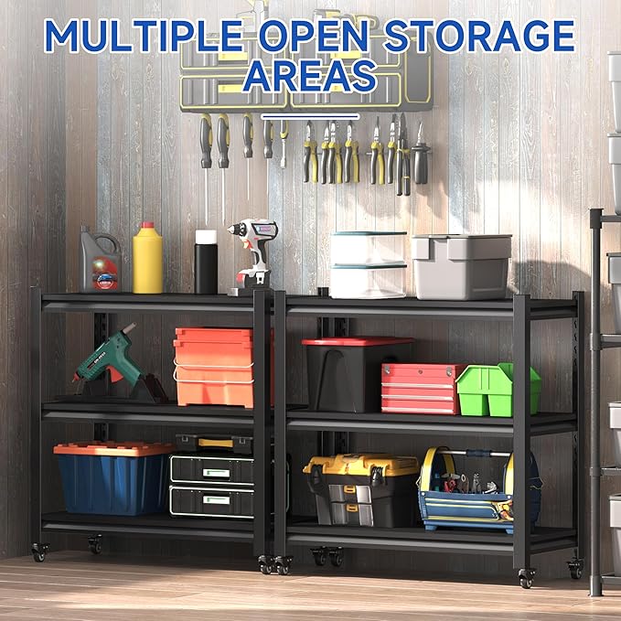 Standing Storage Racks,3 Tier Garage Shelving Heavy Duty Adjustable Garage Shelves,Large Modular Shelving Unit Storage Organizer for Kitchen/Bathroom/Pantry/Office-Assembly Required(Black)