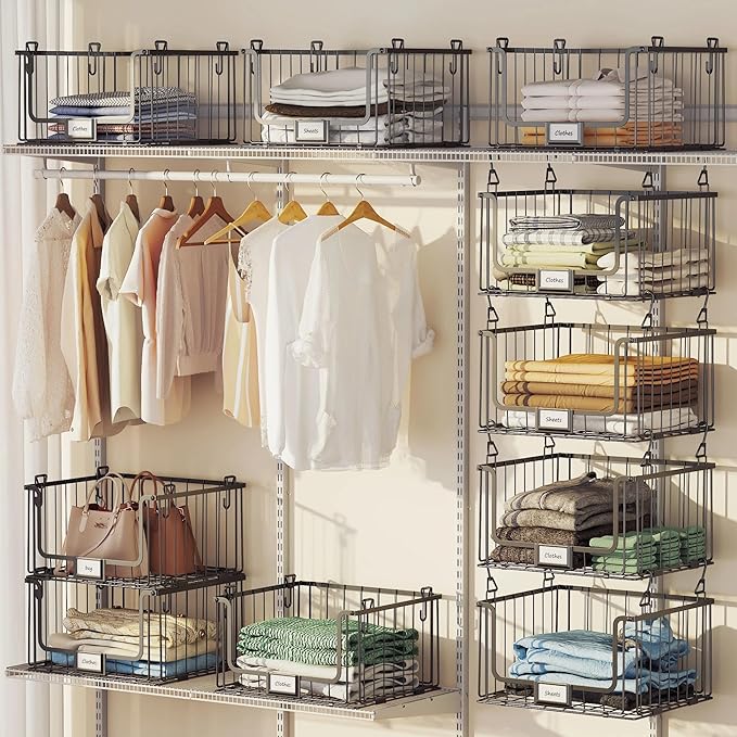 3-Pack Hanging Laundry Organizer, Stackable Wire Shelf Storage with Label Cards, Foldable Metal Baskets with 360 Rotating Hooks, Space-Saving for Laundry Room, Closet & Pantry, 11"15" Large, Black