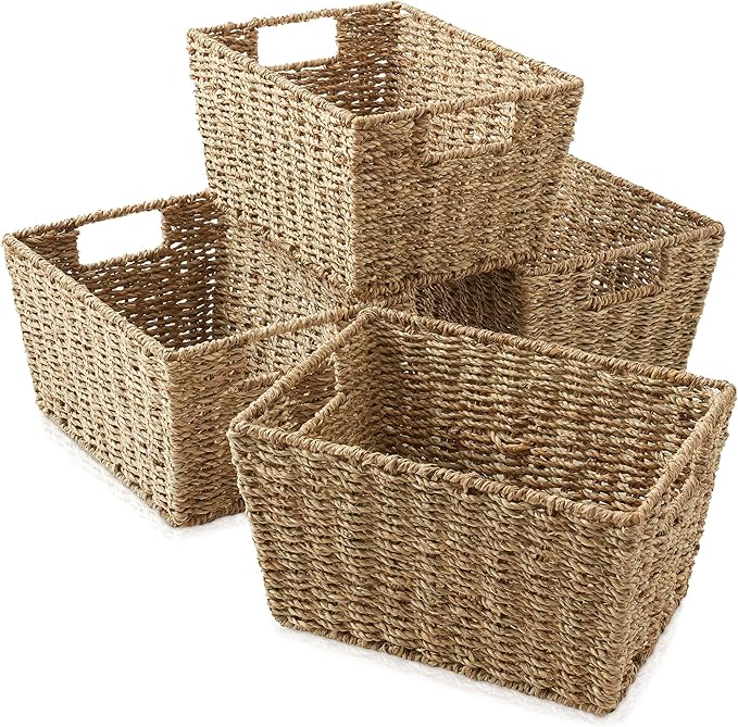 Casafield Set of 4 Seagrass Storage Baskets with Handles - Natural, Woven Rectangular Storage Bins for Shelves, Blankets, Laundry Organization