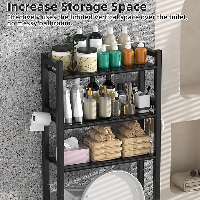 Livilord 3 Tier Over The Toilet Storage Rack with Toilet Paper Holder, Metal Freestanding Bathroom Shelves with 4 Hooks, Over Toilet Storage Shelf for Bathroom Storage, Black