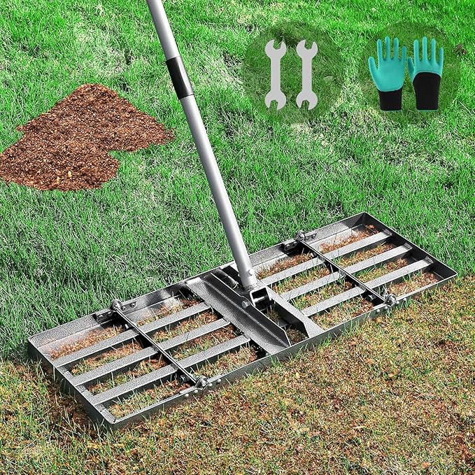 REAPALOT Lawn Leveling Rake, Lawn Leveler with Stainless Steel Long Handle, Heavy Duty Yard Level Tool for Leveling Soil, Sand Or Dirt Surfaces, Gardening Gloves Gift Included (30x10in)