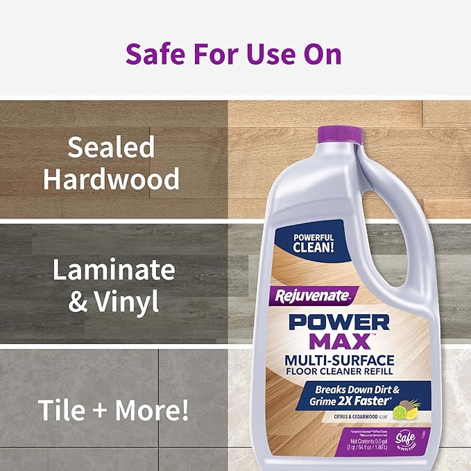 Rejuvenate PowerMax Multi-Surface Floor Cleaner, 64 Ounces, Breaks Down Dirt And Grime On Sealed Hardwood, Tile, Vinyl, Laminate To Deliver A Powerful, Deep Clean With Citrus And Cedarwood Scent