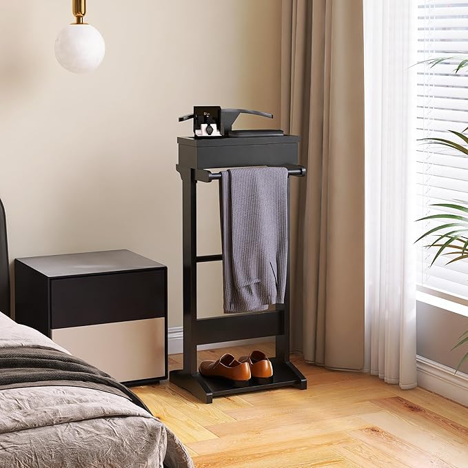 Wooden Valet Stand for Men, Clothing Rack with Top Tray Organizer, Shoe Shelf for Entryway, Bedroom, Office