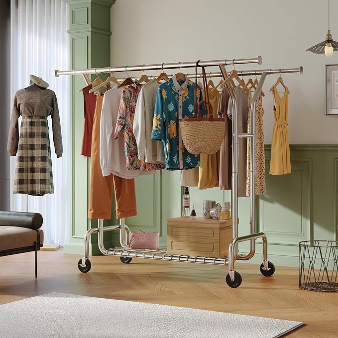 Raybee Heavy Duty Clothes Rack Load 630 LBS, Double Rods Rolling Clothing Rack with 360° Lockable Wheels, Easy Assembly, Portable Adjustable Garment Rack with Shelves for Home & Commercial, Chrome