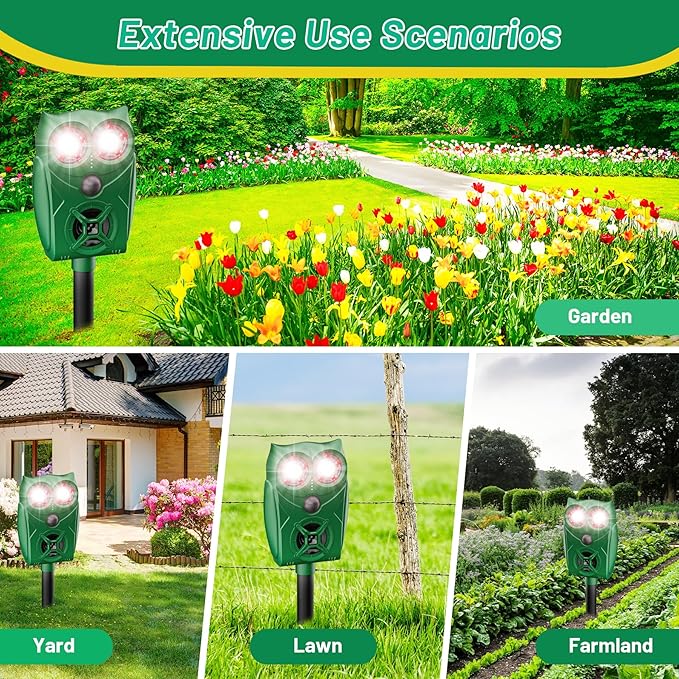 Solar-Powered Ultrasonic Animal Repellent with Motion Sensor, Waterproof Deer Repellent Device with LED Flashing Lights, Perfect for Outdoor Yards, Effective to Repel Deer, Coyotes, Raccoons, and Cats