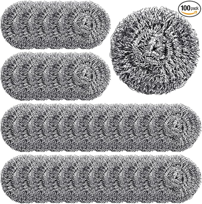 Yinkin 100 Pieces Stainless Steel Scrubber Bulk Steel Wool Scrubber Metal Sponge Wire Scouring Pad Heavy Duty Clean Dish Pot Pan and Oven for Kitchen, Bathrooms, and More