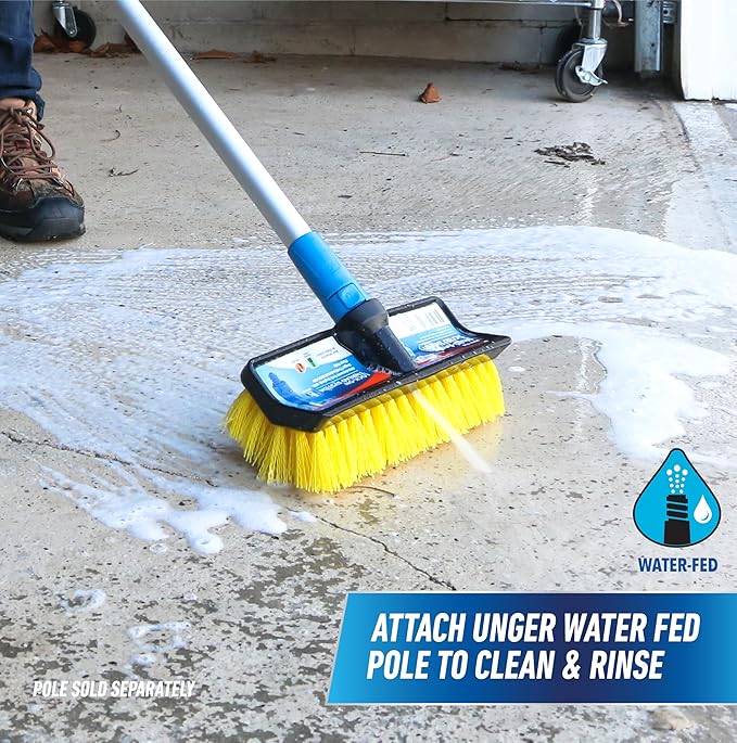 Unger Professional HydroPower Lock-On 10” Bi-Level Scrub Brush, Cleaning Supplies, Scrubber Tool, Compatible with Waterflow Poles, Use in Garage, Driveway, Deck, Concrete, Cement, and Brick