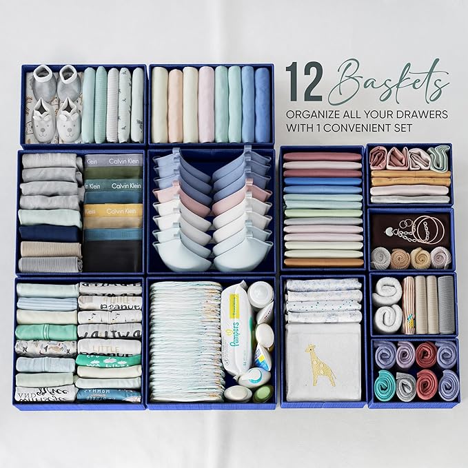Drawer Organizer Clothes Set of 12 Navy - Dresser Organizer For Nursery, Bedroom, Closet - Perfect Baby Clothes Organizer and Storage & General Nursery Organization or Dresser Drawer Organizers