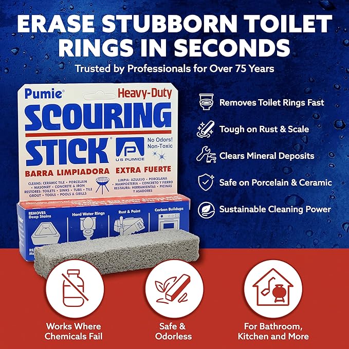 6-Pack PUMIE HDW Scouring Stick for Toilet Bowl Cleaning, Cleans Toilet Bowl Hard Water Rings, Buildups, Rust & Tough Stains, Perfect Pumice Stone for Cleaning Bathtub, Pools, Kitchens, Sinks & Grills