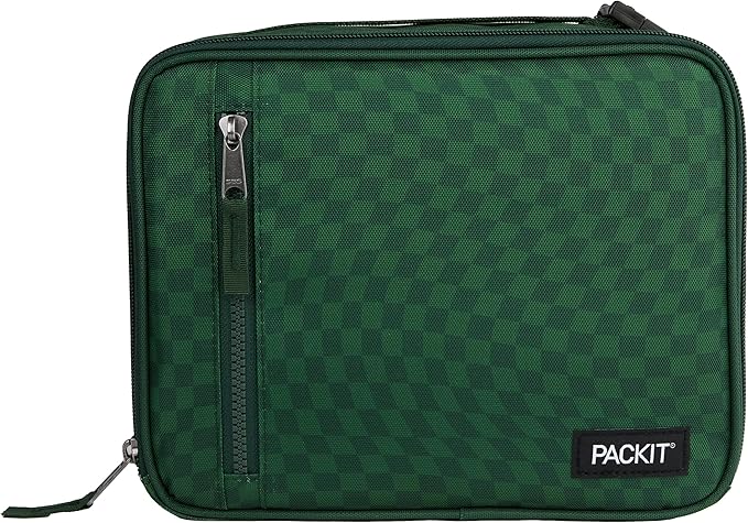 PackIt Freezable Classic Lunch Box, Checker Wave Olive, Built with EcoFreeze Technology, Collapsible, Reusable, Zip Closure With Zip Front Pocket and Buckle Handle, Designed for Fresh Lunch On the Go