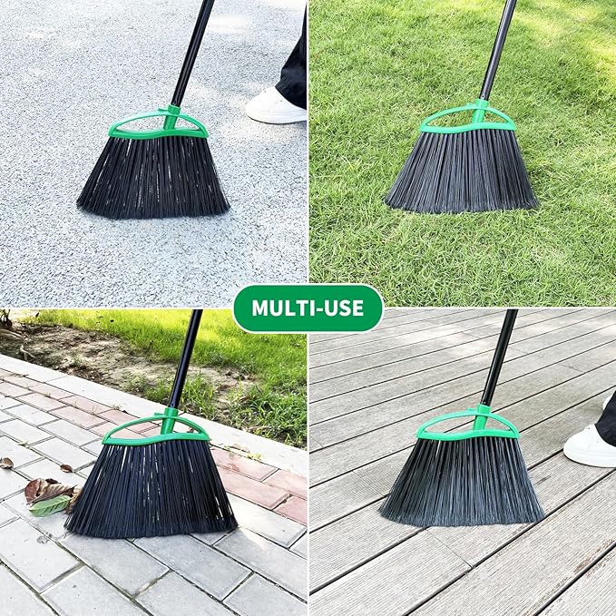 2 Pack Heavy Duty Brooms, 55" Long Handle Indoor Outdoor Angle Broom Set, Household Commercial Floor Cleaning, for Sweeping Home, Kitchen, Deck, Garage, Patio - Green