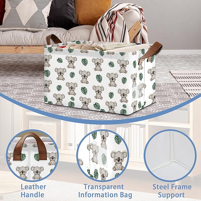 Cute Koala Storage Basket,Palm Leaf Collapsible Storage Bin Cubes for Living Room Bedroom Blankets Home Storage 17x11.5x10Inch