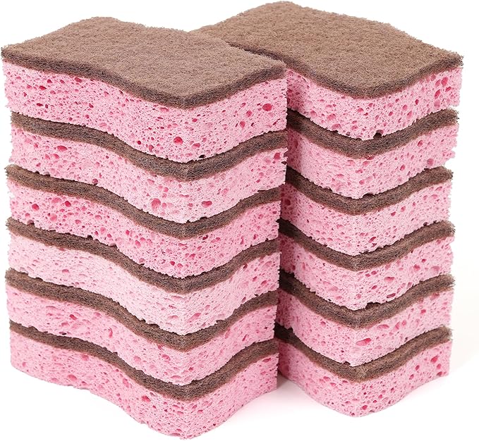 Kitchen Sponges – 12 Pack – Non-Scratch Dual-Sided Cellulose Scrub Sponges for Dishes, Pots, and Pans – Durable, Absorbent, and Reusable (Brown/Pink)