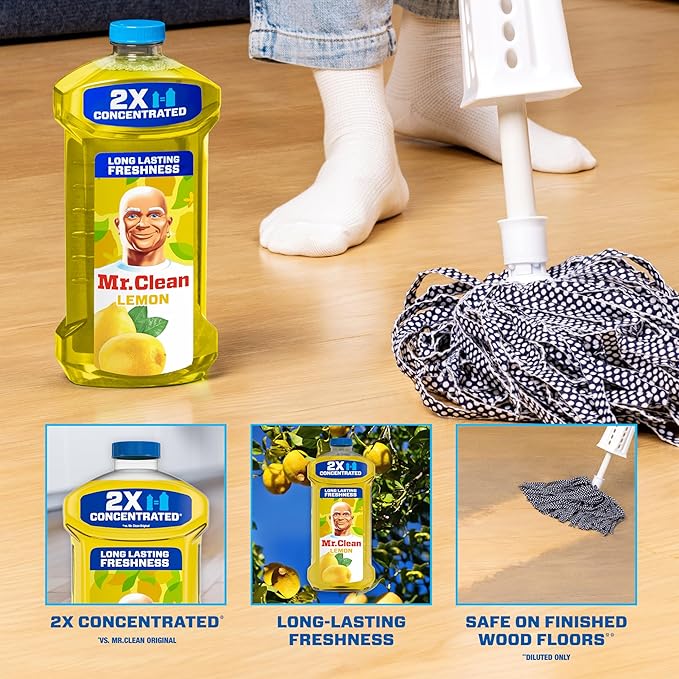 Mr. Clean All Purpose Cleaner, Floor Cleaner for Mopping Home, Bathroom, & Kitchen, Cleaning Liquid for Mop & Bucket, Cleaning Supplies, Multi-Surface Dilutable, Lemon, 41oz (Pack of 4)