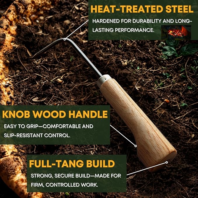 Garden Helper Single Claw Root Hook for Plants - Bonsai Repotting Tool - Heavy Duty Hardened Steel Blade with Ergonomic Wood Handle