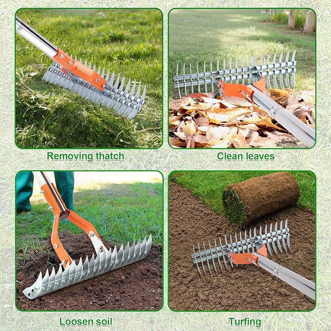 Thatch Rake, 15 Inch Lawn Thatching Rake, Heavy-Duty Dethatcher Rake with Gloves, 64 Inch Versatile Grass Grooming Rake for Withered Grass Cleaning Yard Garden Soil Rake
