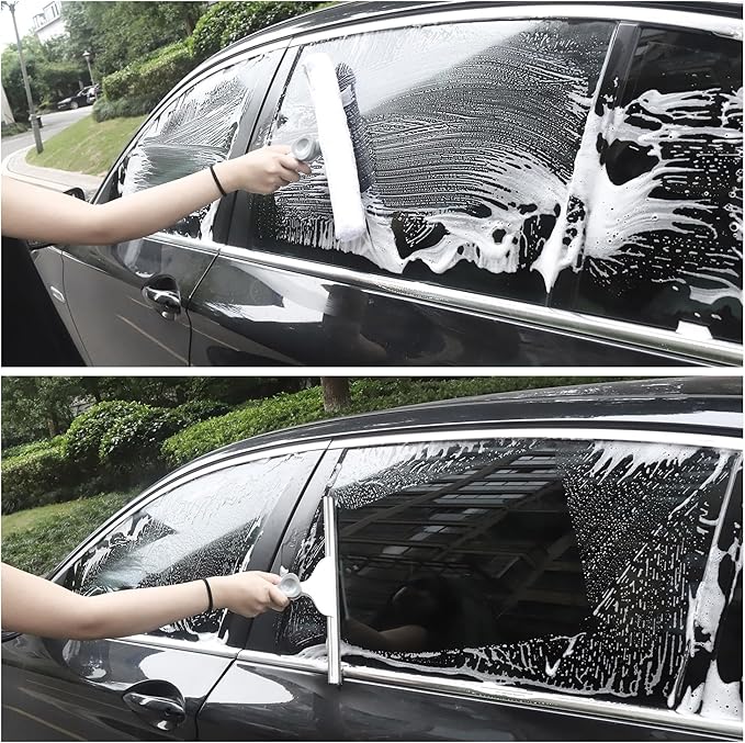 Window Cleaning Squeegee Kit, 14" Silicone Blade and Microfiber Scrubber with 54" Aluminum Handle, 2-in-1 Rotating Window Cleaner for Glass Doors, Shower, Mirrors and Home Windows – LJGG (Gray/White)